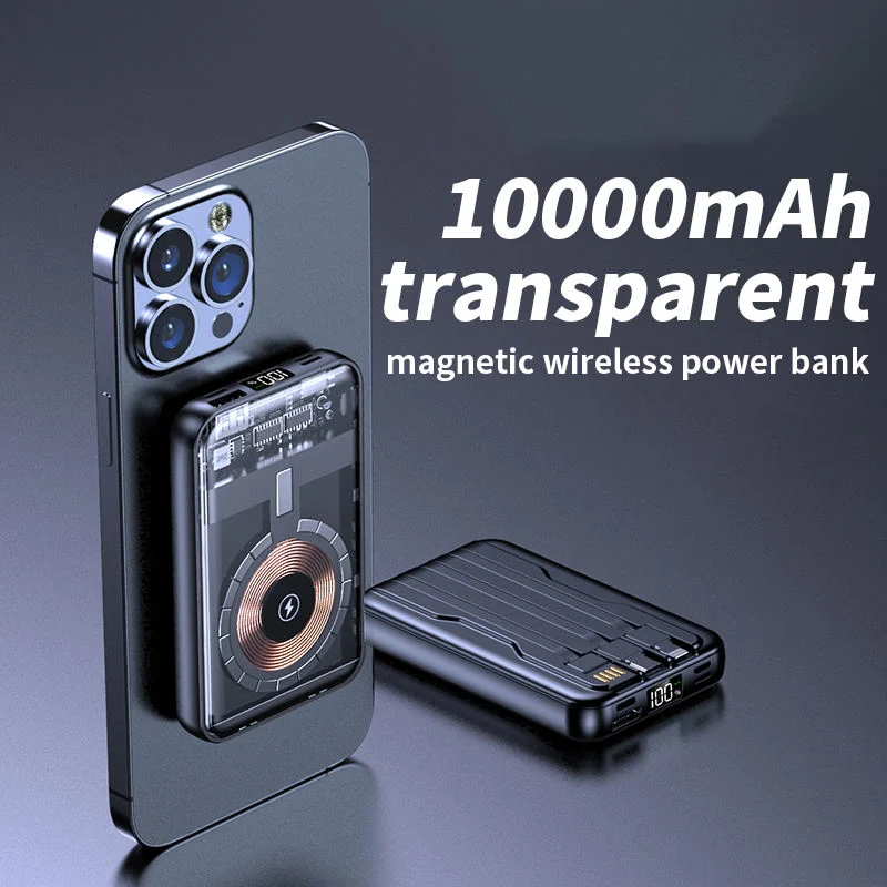 Wholesale 2023 New Arrivals Hot Selling Product Mini Transparent Magnetic Wireless Power Bank 10000mAh with Built-in Cables