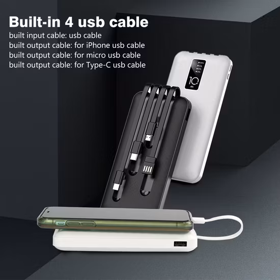 高速充電10000mAhパワーバンク充電器、内蔵4 in 1マイクロUSB/Type-C/照明/USBケーブル、ポータブルモバイルパワーバンク